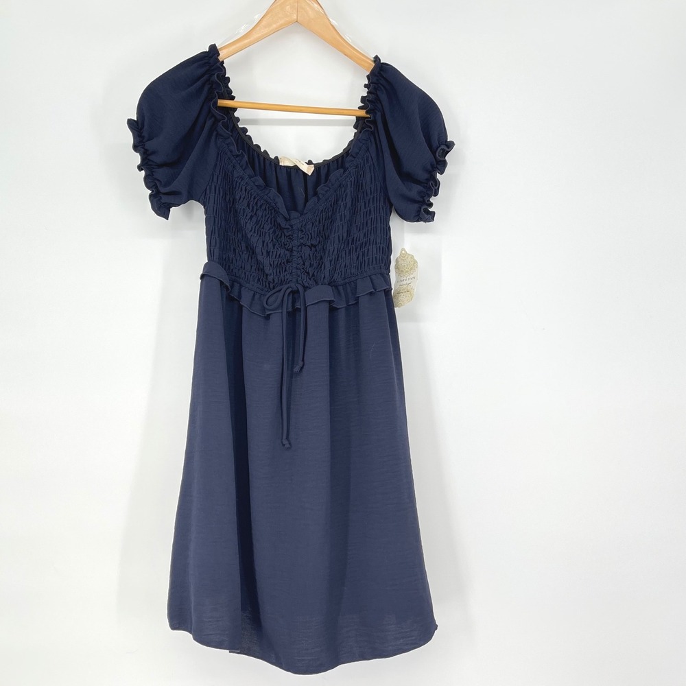 Altar'd State Navy Blue Smocked Puff‎ Sleeve Babydoll Dress Size M Milkmaid NEW
